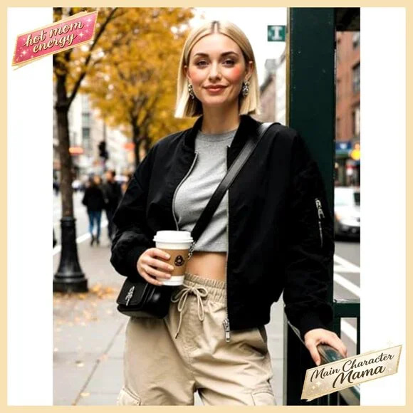 Lightweight Bomber Jacket with Pockets, Zip Up Casual Coat for Spring Fall